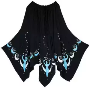 Long black rayon batik Moon Goddess ritual skirt with floor-length flowing silhouette and lunar goddess print pattern