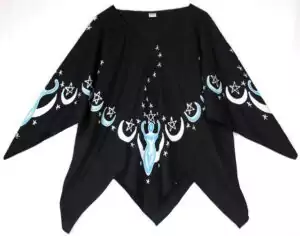 Black rayon batik Moon Goddess top with flowing silhouette and lunar pattern, spiritual ritual wear for goddess practitioners