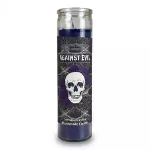 Tall purple Against Evil protection jar candle with skull design and snake root topping by Envision Crystal for hex-breaking