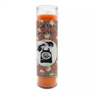 Orange aromatic 7-day jar candle with 'Call Me! Text Me!' label and vintage telephone illustration — Envision Crystal communication ritual candle.