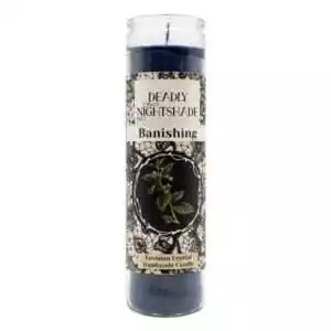 Dark blue Deadly Nightshade banishing jar candle by Envision Crystals with botanical illustration label — aromatic 7-day ritual candle for banishing negative energy.