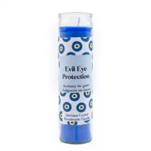 Blue Evil Eye Protection aromatic jar candle by Envision Crystal with nazar-themed label for jealousy shielding ritual