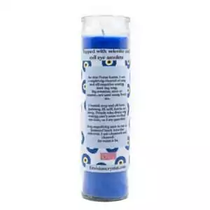 Blue candle in clear glass container with Evil Eye Protection label for warding against jealous and harmful attention