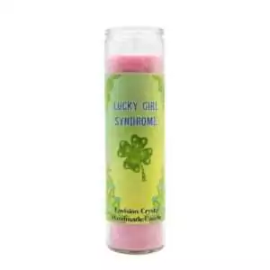 Pink Lucky Girl Syndrome manifestation candle with Carnelian and Damiana embedded in glass jar by Envision Crystal