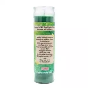 Back label view of Money aromatic jar candle for prosperity rituals and financial intention setting