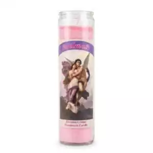 Tall pink devotional soulmate candle in glass jar featuring cherubic figure embracing a person on a spiritual label for love attraction rituals