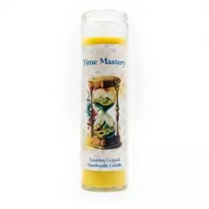 Time Mastery ritual jar candle with label depicting focus and productivity symbolism, 7-day spiritual candle for disciplined intention work