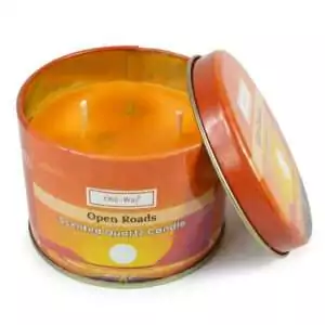 Orange round tin Ohli~Way Abre Caminos quartz candle 120g with road-opening label for clearing obstacles and new beginnings