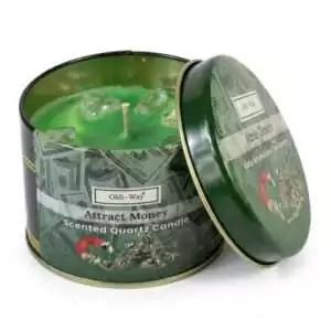 Green scented tin candle labeled Attract Money with decorative currency imagery — Ohli~Way Atrae Dinero 120g quartz-embedded prosperity candle.