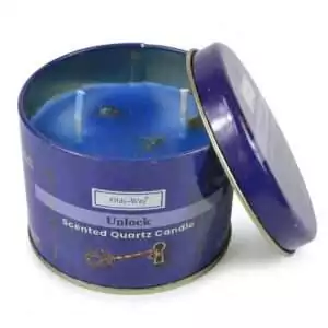 Ohli~Way Destrancadera Quartz Candle in a round blue decorated tin with lid labeled Unlock, a 120g scented ritual candle for unblocking and opening spiritual pathways.