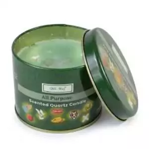 Green round tin Ohli~Way Para Todo quartz candle 120g with abundance and all-purpose attraction label for ritual use
