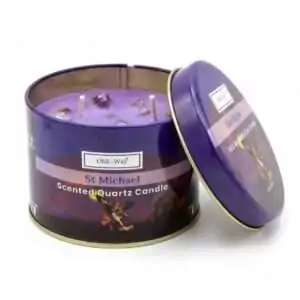 Purple tin Ohli~Way San Miguel quartz candle 120g with Saint Michael archangel label for protection and spiritual defense