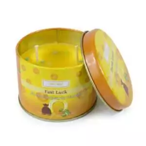 Yellow Ohli~Way Fast Luck tin quartz candle 120g with decorative Suerte Rápida label for drawing rapid fortune