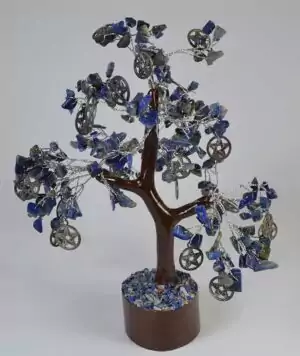 Lapis lazuli pentacles gemstone tree with 300 deep blue beads and pentacle accents on a wood base, occult altar sculpture