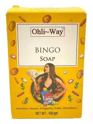 Ohli-Way Bingo Soap 100g yellow box with woman holding money and bingo card — gambling luck and money drawing spiritual bath soap for prosperity rituals.