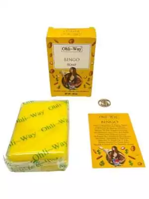 Yellow Bingo Soap packaging with card and coin accessory set on white background — Ohli-Way spiritual bath soap for luck and prosperity intention work.