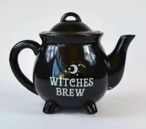 Witches Brew gothic cauldron-style tea pot, 5½ inches tall, for ritual herbal tea ceremonies, tarot and tea readings, and kitchen witch altar display.
