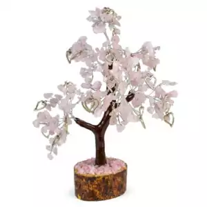 Rose quartz hearts gemstone tree with 300 pink beads and heart charms on a wood base, crystal altar decor for love rituals