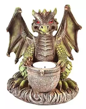 6¾-inch Dragon incense burner and tea light holder, a dual-function resin altar accent combining stick incense use with candle holding in dragon fantasy styling.
