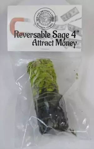 4-inch Attract Money reversible smudge stick, a two-tone herb bundle for clearing financial blocks and drawing in prosperity and abundance energy.