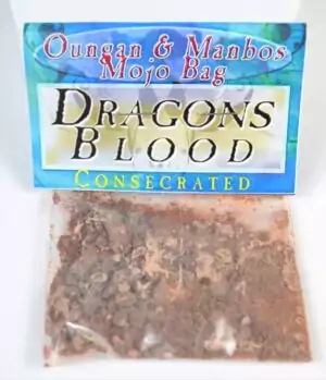 Packet of consecrated Dragon's Blood resin (Sangre de Dragon), deep red Dracaena resin for amplifying protection, power, and love magic in ritual workings.