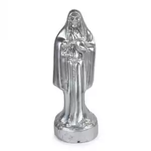 10-inch Santa Muerte silver Holy Death figure candle for justice, money, and fast-acting blessing rituals in Santa Muerte devotional folk magic tradition.