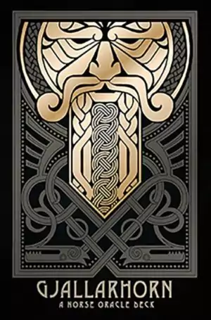 Gjallarhorn Norse Oracle Deck cover — stylized Art Deco illustration of a Norse horn with rune symbols on the 62-card oracle deck packaging.