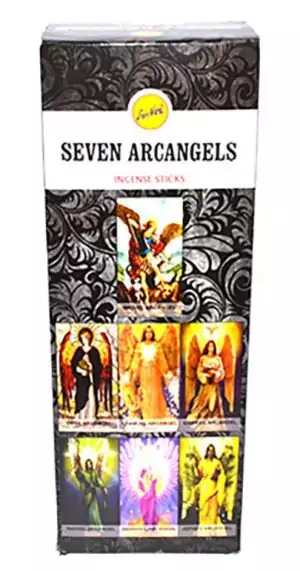 Box of six packs of 7 Archangels Sree Vani hand-rolled Indian masala incense sticks for angelic invocation, divine protection, and devotional ritual practice.