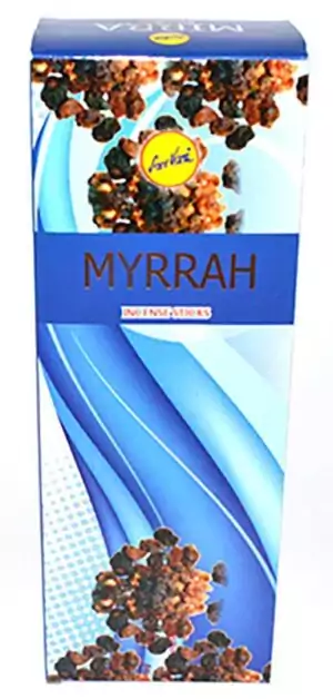 Box of six packs of Myrrh Sree Vani hand-rolled Indian masala incense sticks using ancient sacred myrrh resin for ancestor work and deep spiritual ritual.