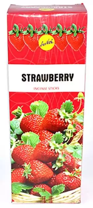 Box of six packs of Strawberry Sree Vani hand-rolled Indian masala incense sticks with a sweet fruity fragrance for love and self-love rituals.