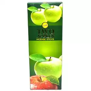 Box of six packs of Two Apples Sree Vani hand-rolled Indian masala incense sticks with a sweet fruity scent for love and abundance rituals.