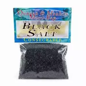 Small bag of consecrated black salt labeled 'Black Salt' with 'Consecrated' text and ritual-use branding on a white background.