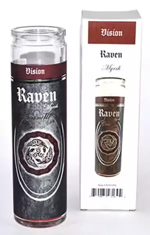 Crystal Journey Raven Myrrh 90-hour glass jar candle with a dark label featuring raven imagery, for ancestor work, shadow rituals, and gothic altar settings.