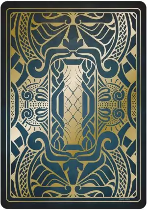 Gjallarhorn Norse Oracle card featuring an intricate symmetrical Art Deco pattern in gold and dark blue with Norse stylized motifs.