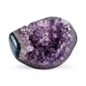 Medium polished amethyst freeform crystal specimen with deep purple coloration and smooth flowing organic shape, displayed against a white background.