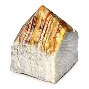 A green onyx top-polished crystal point with natural rough base and smooth polished apex, showing deep green onyx coloration with banded mineral patterns.