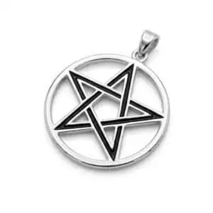 3/4 inch sterling silver pentagram pendant — five-pointed star in a circle with black accent detail on white background.