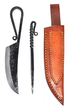 Two-piece medieval feast picker set with ornate stainless steel knife and fork, styled for Renaissance faires, LARP events, and historical-themed dining.