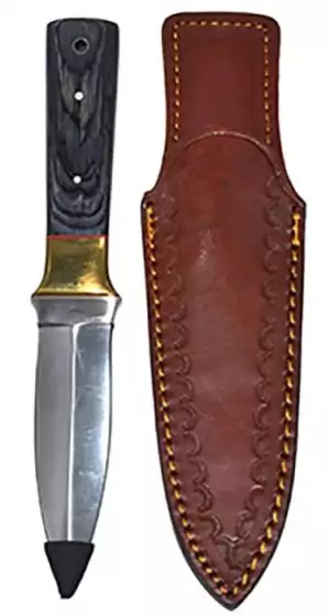 9-inch athame with polished blade and black wooden handle alongside brown leather sheath with decorative stitching for Wiccan ritual and altar use