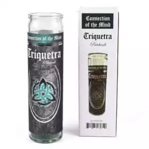 Triquetra patchouli jar candle with 90-hour burn time featuring Celtic trinity knot design on decorative glass container
