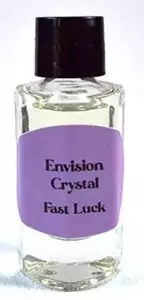 Clear glass 2-dram bottle of Envision Crystal Fast Luck ritual oil with purple label and black cap — quick-acting luck attraction anointing oil for money and fortune work.