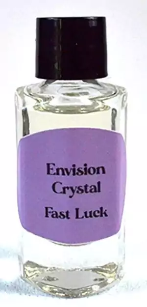 Clear glass 2-dram bottle of Envision Crystal Fast Luck ritual oil with purple label and black cap — quick-acting luck attraction anointing oil for money and fortune work.