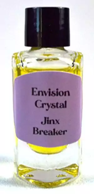 Small glass bottle of Envision Crystal Jinx Breaker ritual oil with yellow liquid and black cap, 2 dram traditional formula for uncrossing and hex removal