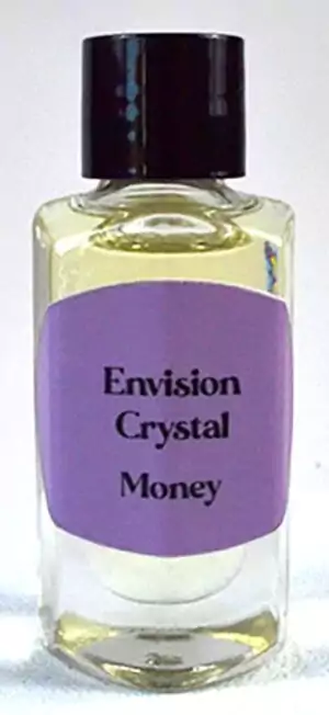 Clear glass 2-dram bottle of Envision Crystal Money Attracting ritual oil with purple label and black cap — abundance anointing oil for money-drawing rituals.