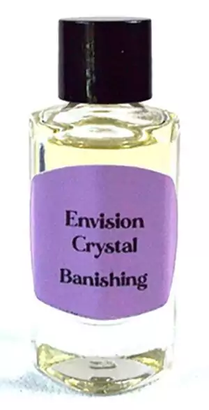 Small glass bottle of Banishing ritual oil 2 dram by Envision Crystals with clear liquid and removal and clearing label