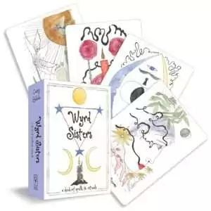 Wyrd Sisters Oracle deck by Casey Zabala showing spread of illustrated cards with witchy magical symbols and bold colorful art