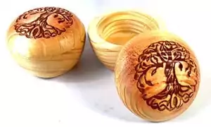 Set of two 2½-inch small wooden hinged boxes with Tree of Life carved design on the lids, for storing crystals, altar offerings, and ritual supplies.