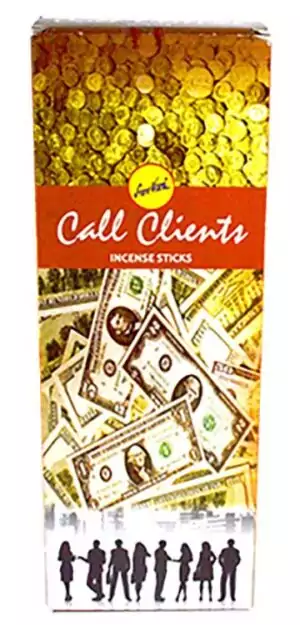 Box of 6 packs of Sree Vani Call Clients hand-rolled Indian masala incense sticks for business success and client attraction rituals.