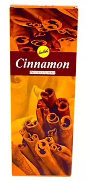 Box of 6 packs of Sree Vani cinnamon hand-rolled Indian masala incense sticks for prosperity, money drawing, and warm ritual atmosphere.