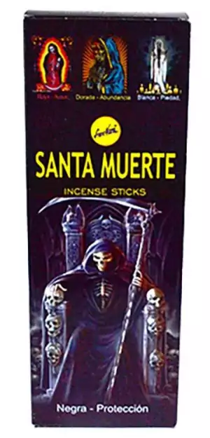 Box of 6 packs of Sree Vani Santa Muerte hand-rolled Indian masala incense sticks for Holy Death devotional altar work and protection rituals.